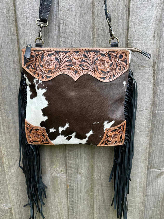 Western Hide & Leather  Crossbody w Fringe