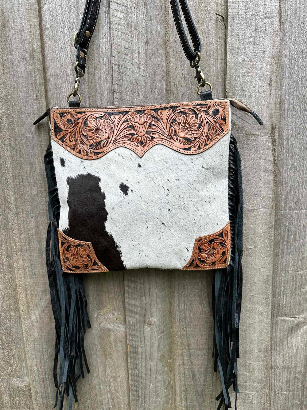 Western Hide & Leather  Crossbody w Fringe