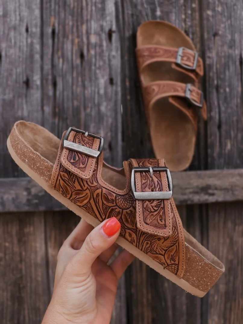 Western Leather Sandal Tooled Floral Leather