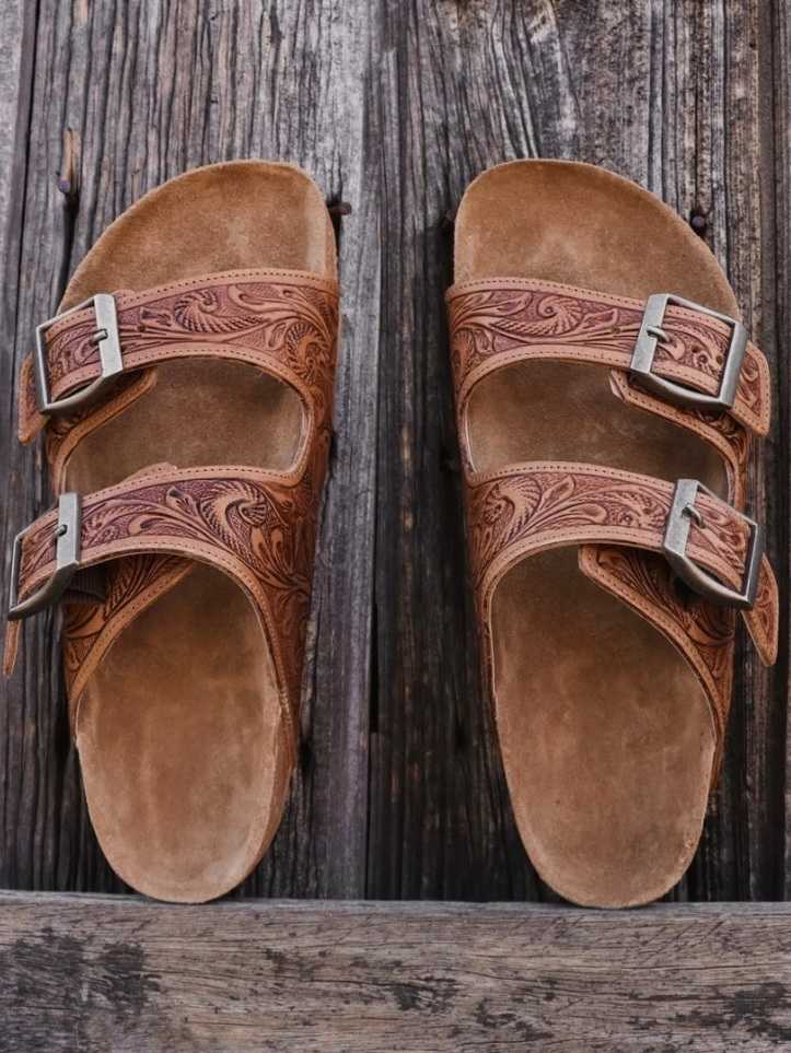 Western Leather Sandal Tooled Floral Leather