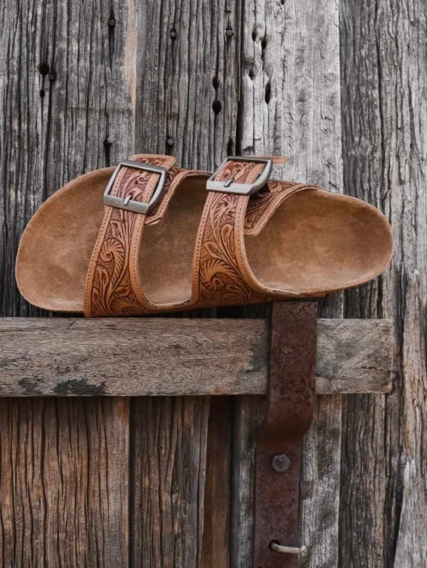 Western Leather Sandal Tooled Floral Leather