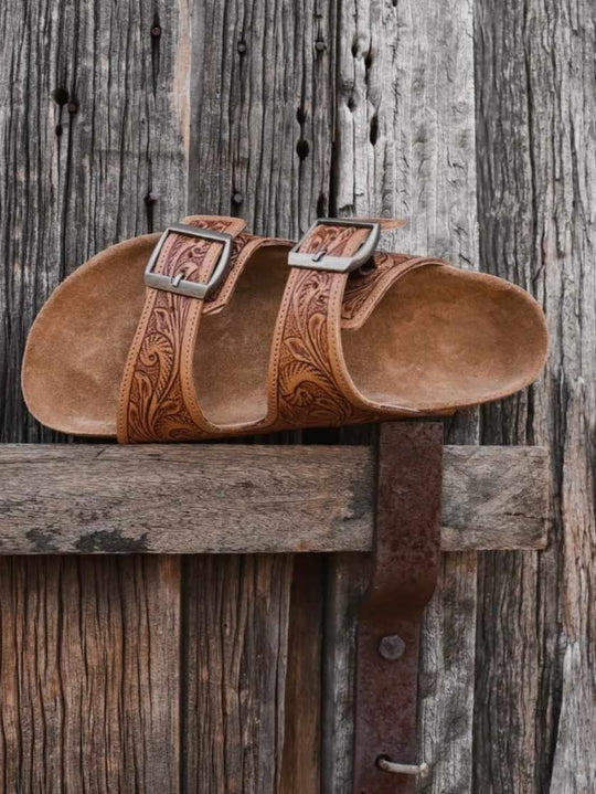 Western Leather Sandal Tooled Floral Leather