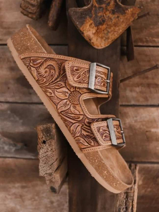 Western Leather Sandal Tooled Floral Leather