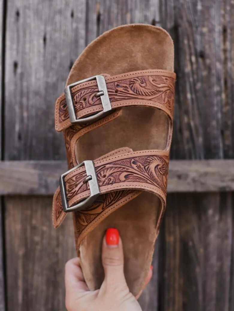 Western Leather Sandal Tooled Floral Leather