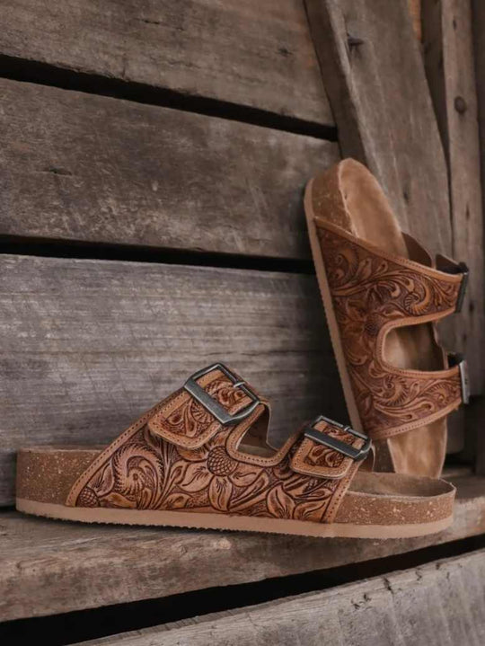 Western Leather Sandal Tooled Floral Leather