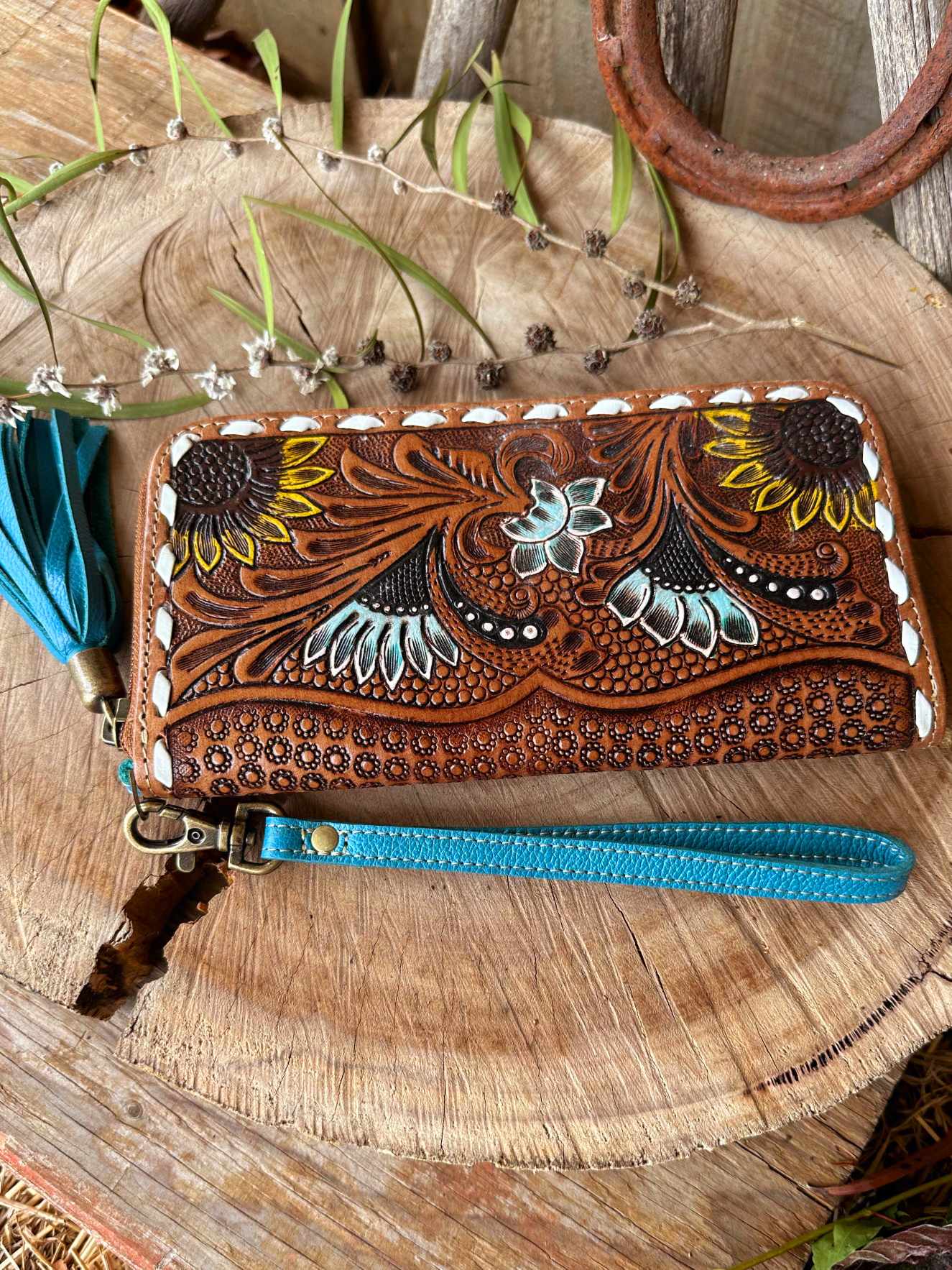Western Leather Purse Sunflower Tooled with Tassle and Wristlet