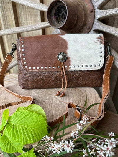 Western Hide & Leather Cowhide Carved Blossom Crossbody
