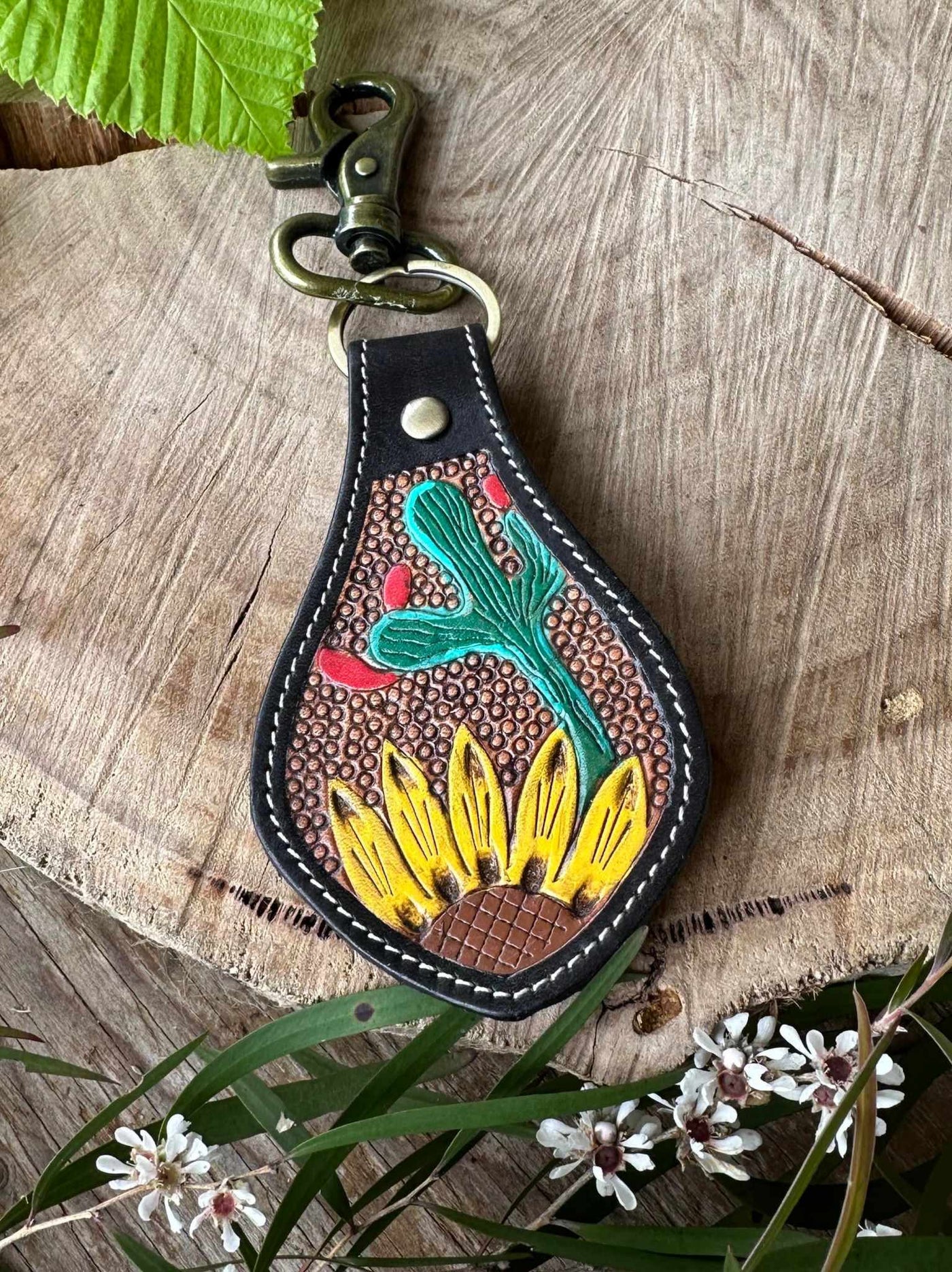 Key Ring - Leather Sunflower Charm or Key Ring