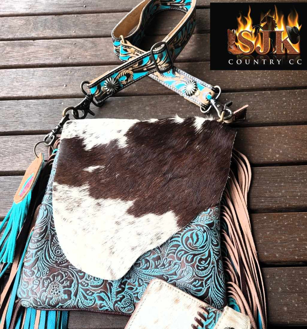 Western Hide & Leather Cowhide Turquoise Tooled Small Crossbody