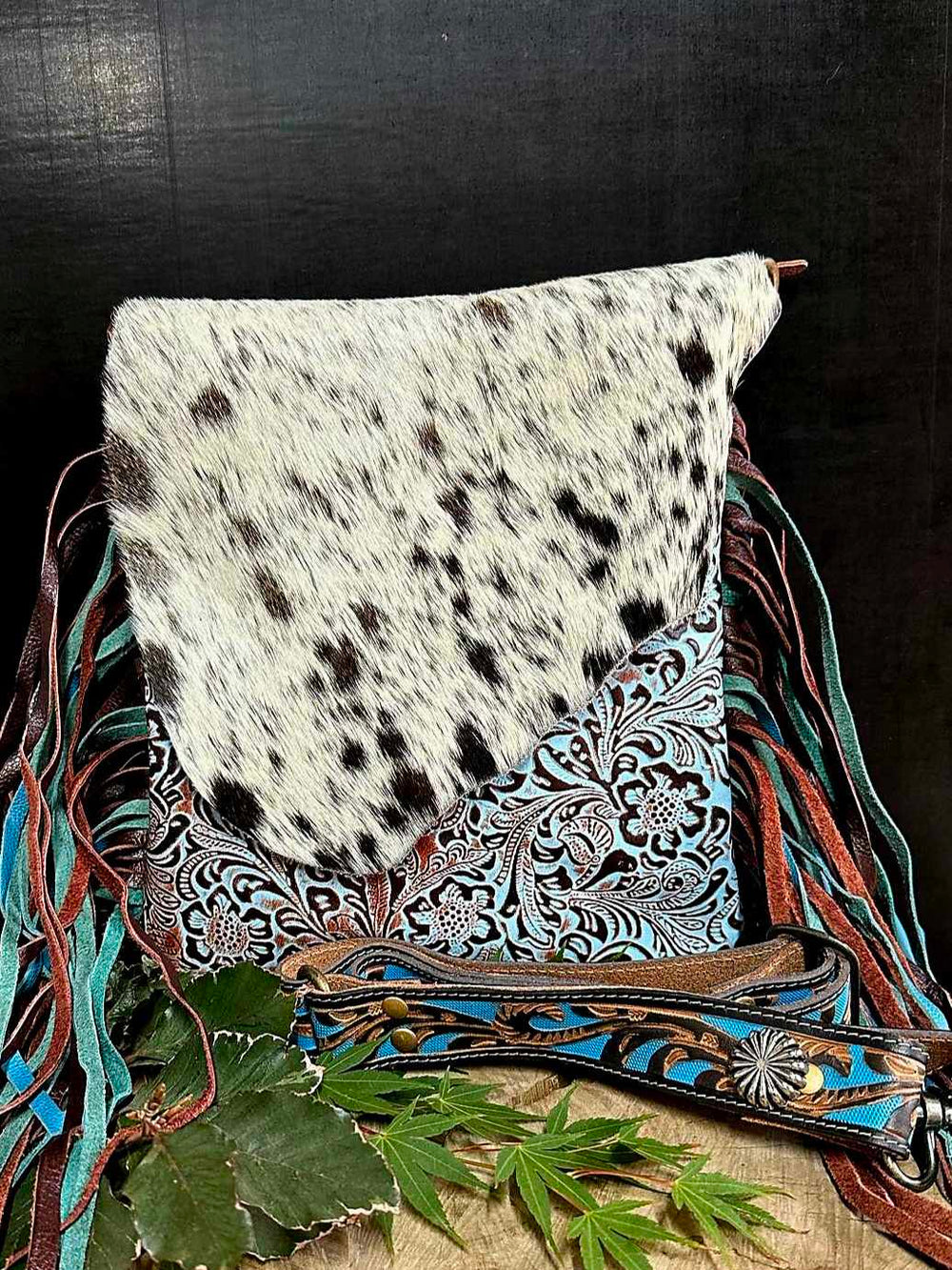 Western Hide & Leather Cowhide Turquoise Tooled Small Crossbody