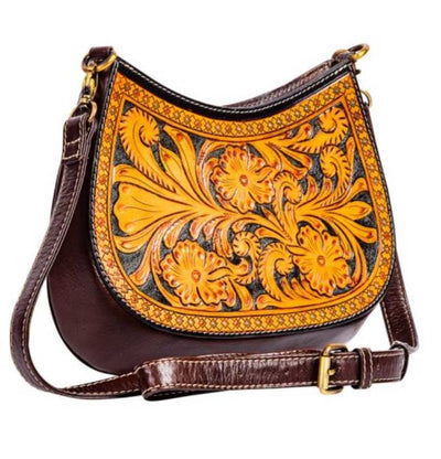Western Leather Tooled Two Tone Crossbody