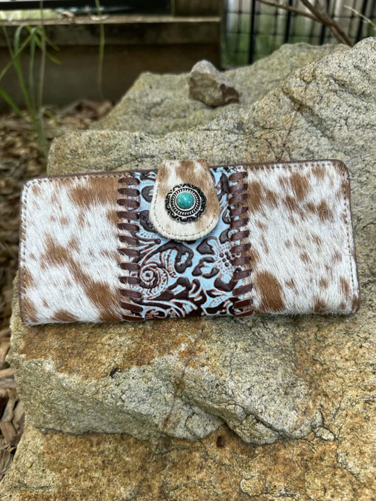 Western Hide & Leather Tooled Turquoise Wallet