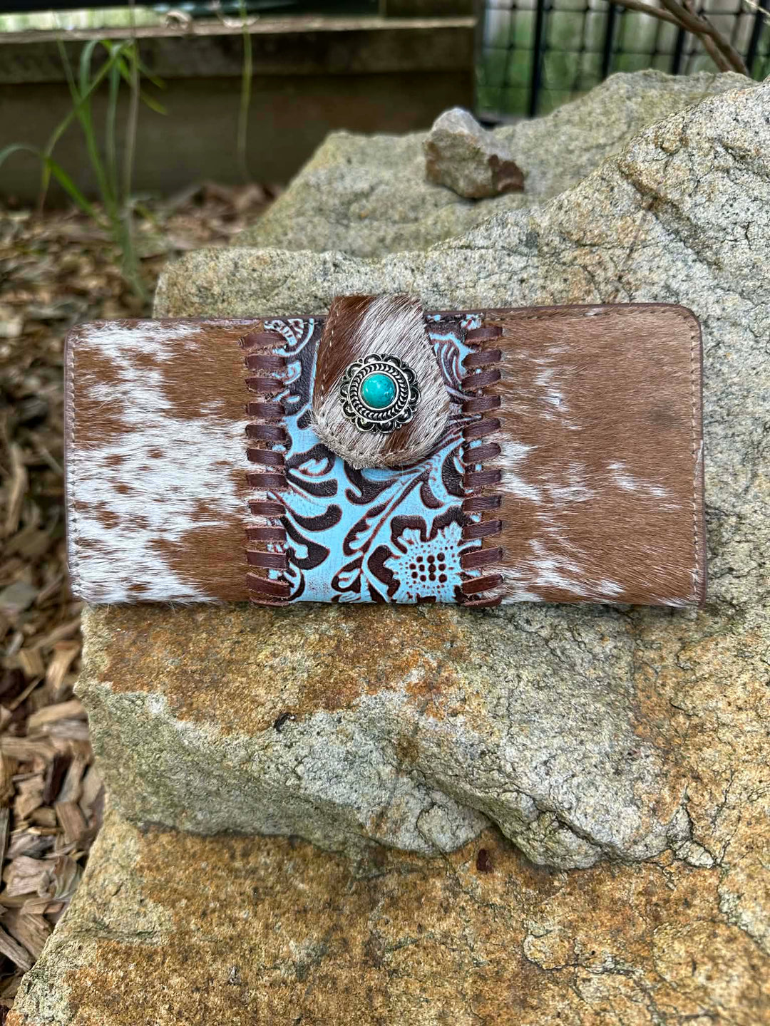 Western Hide & Leather Tooled Turquoise Wallet