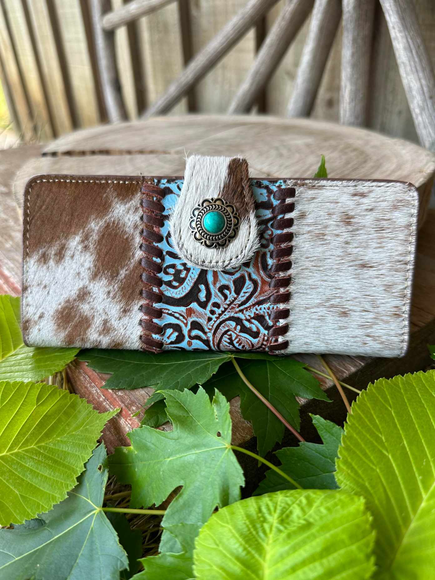 Western Hide & Leather Tooled Turquoise Wallet