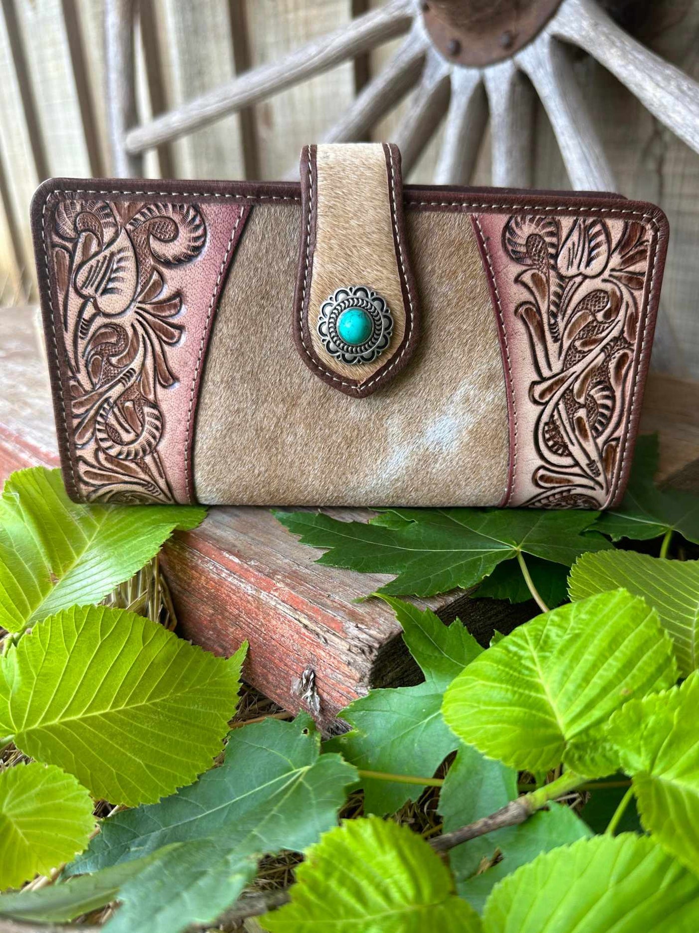 Western Hide & Leather Tooled Phone Wallet