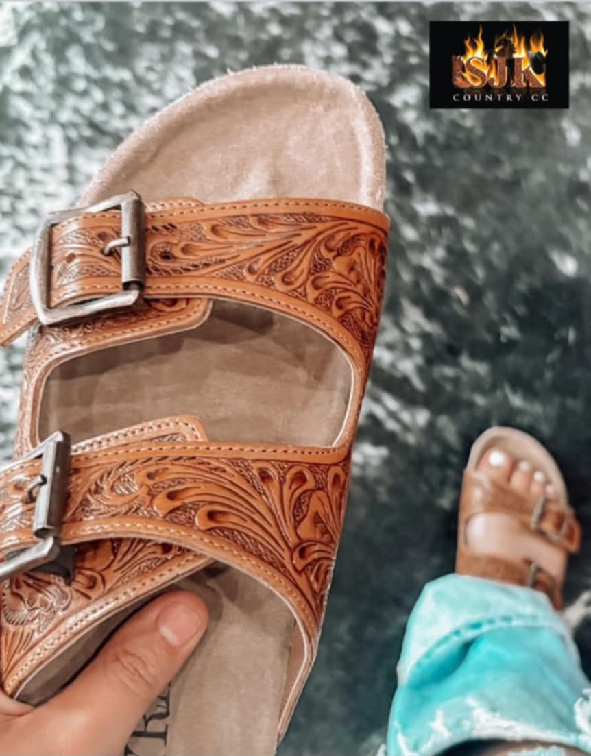 Western Leather Sandal Tooled Floral Leather