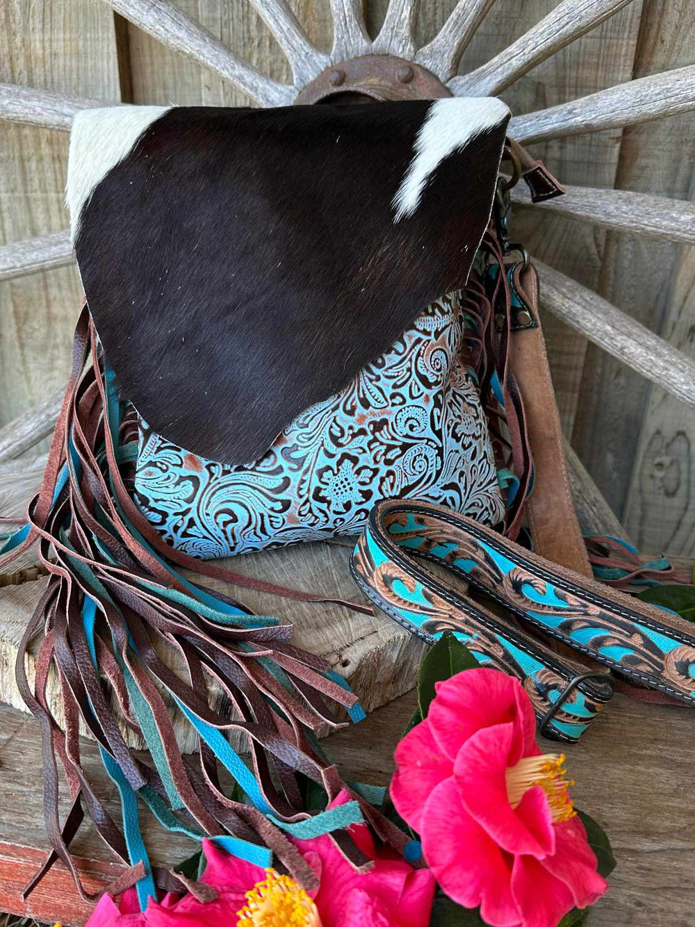 Western Hide & Leather Cowhide Turquoise Tooled Small Crossbody