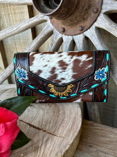 Western Hide & Leather Purse Tooled Wallet with Sunflower Trim