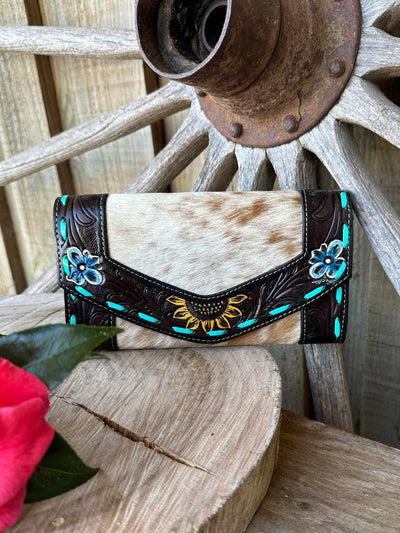 Western Hide & Leather Purse Tooled Wallet with Sunflower Trim