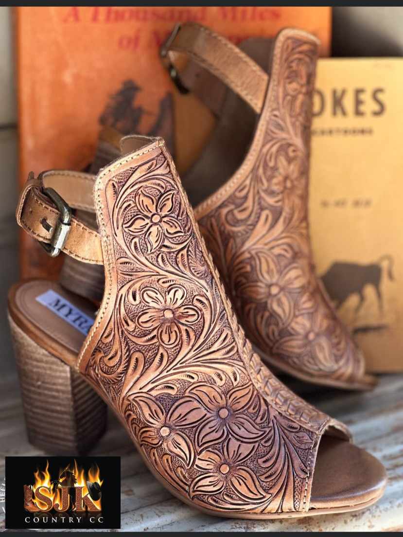 Western Leather Fashion Heel Shoe Sandal Tooled Leather Design