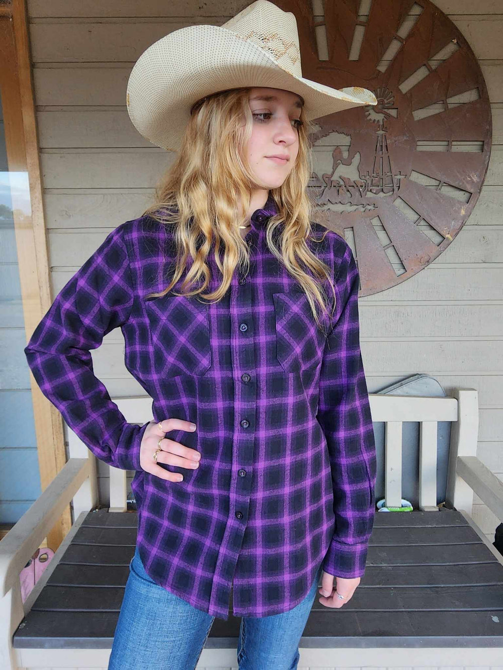 Thomas Cook Nicole Dux Back Purple/ Black Plaid thermal Shirt