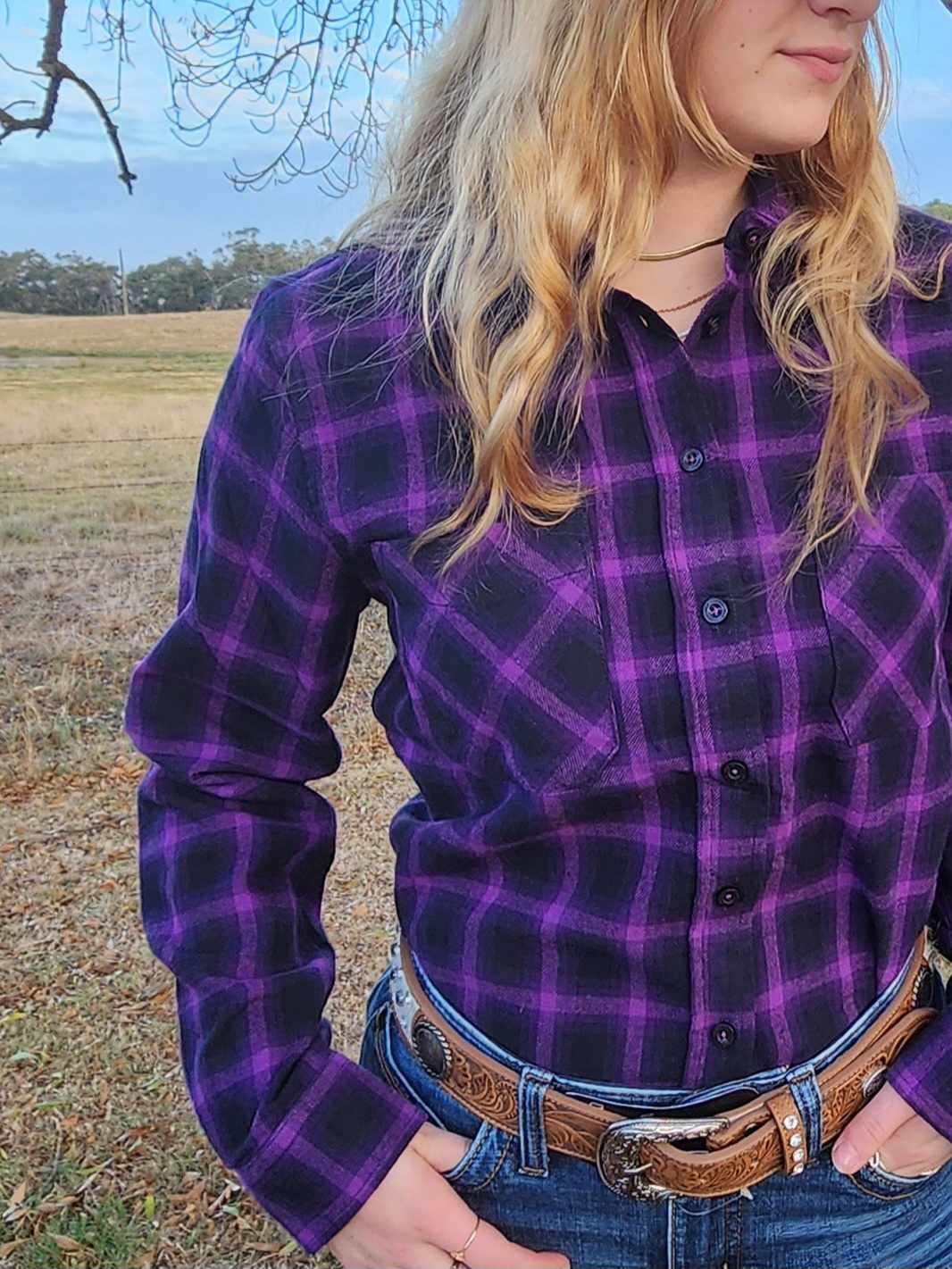 Thomas Cook Nicole Dux Back Purple/ Black Plaid thermal Shirt