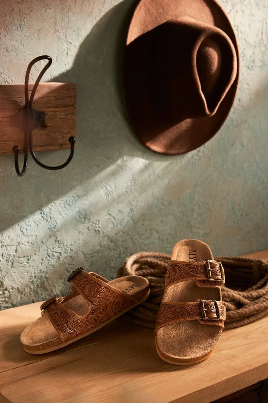 Western Leather Sandal Tooled Floral Leather