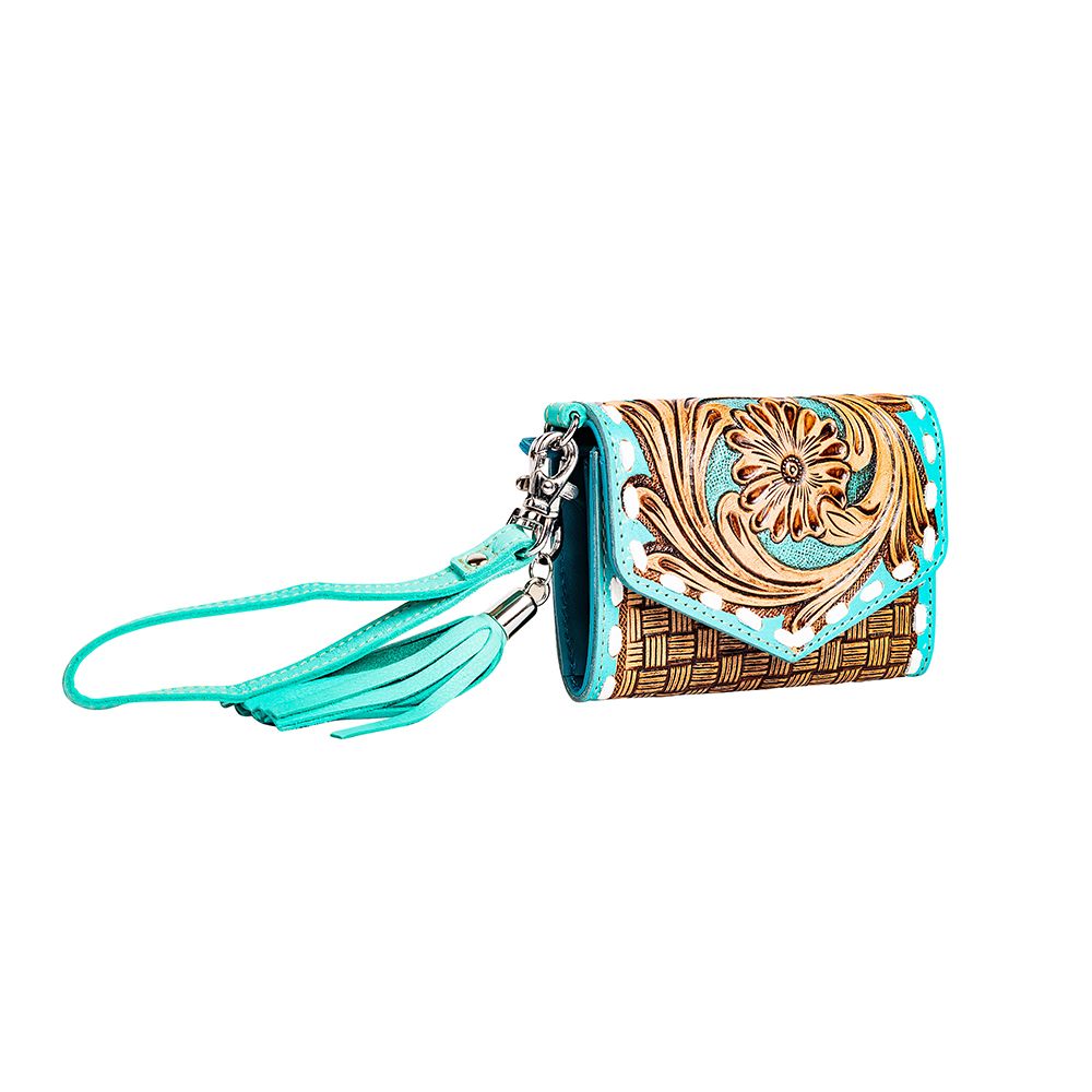 Western Leather Purse Tooled Detail wallet Tassle & Wristlet