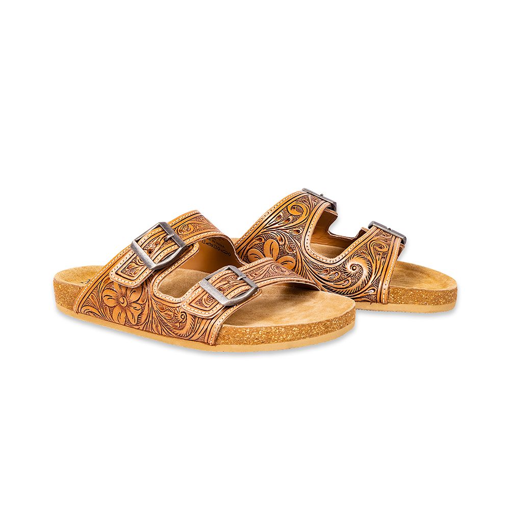 Western Leather Sandal Tooled Floral Leather