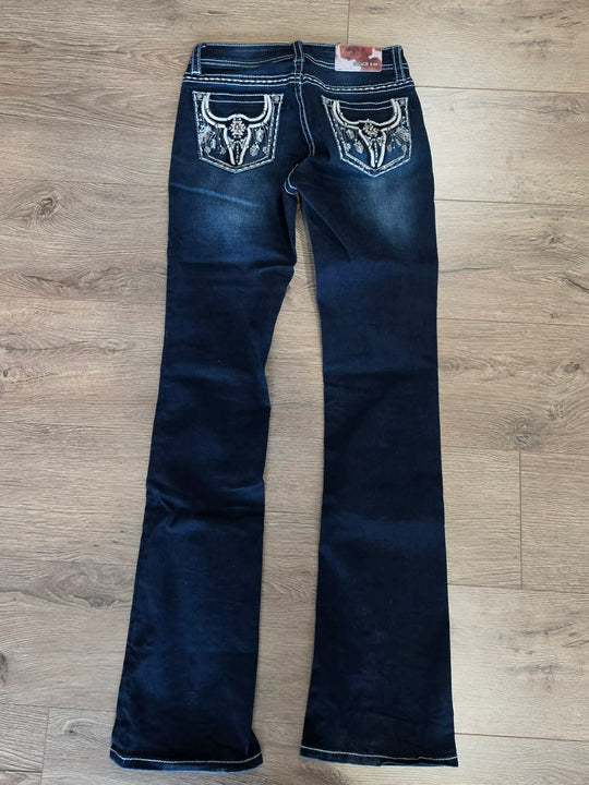 Grace In LA Easy  Mid Rise Longhorn Pocket 34" Leg Jeans  Size 25