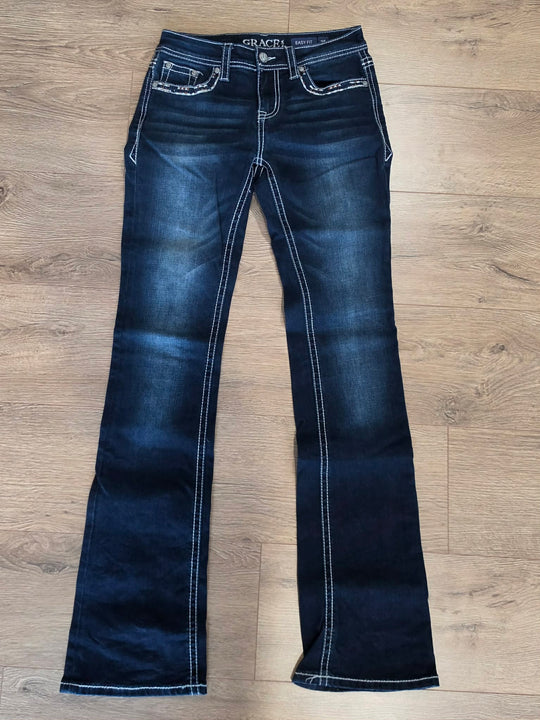 Grace In LA Easy  Mid Rise Longhorn Pocket 34" Leg Jeans  Size 25