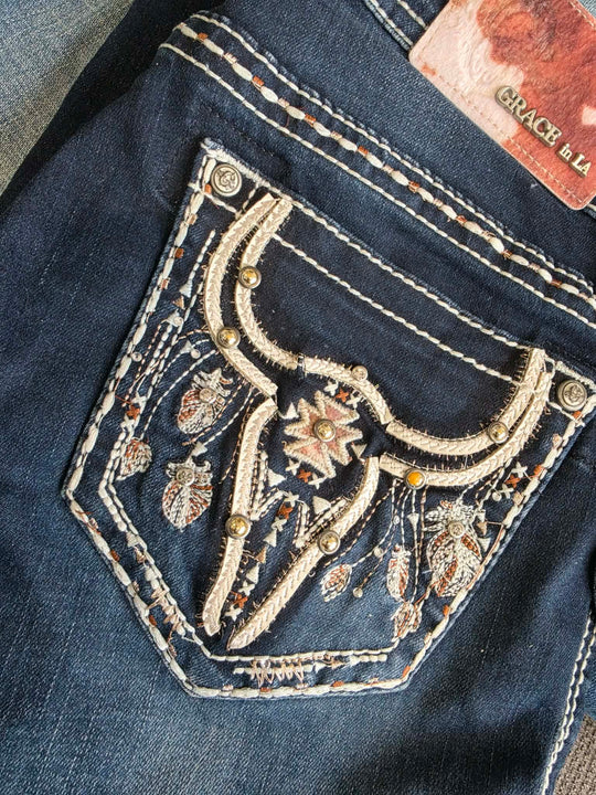 Grace In LA Easy  Mid Rise Longhorn Pocket 34" Leg Jeans  Size 25