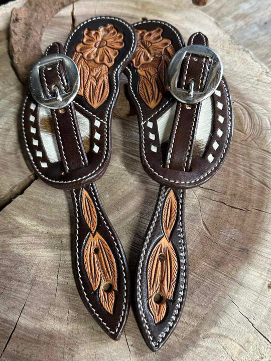 Strap - Ladies Floral Tooled Leather Spur Strap Buckaroo Style