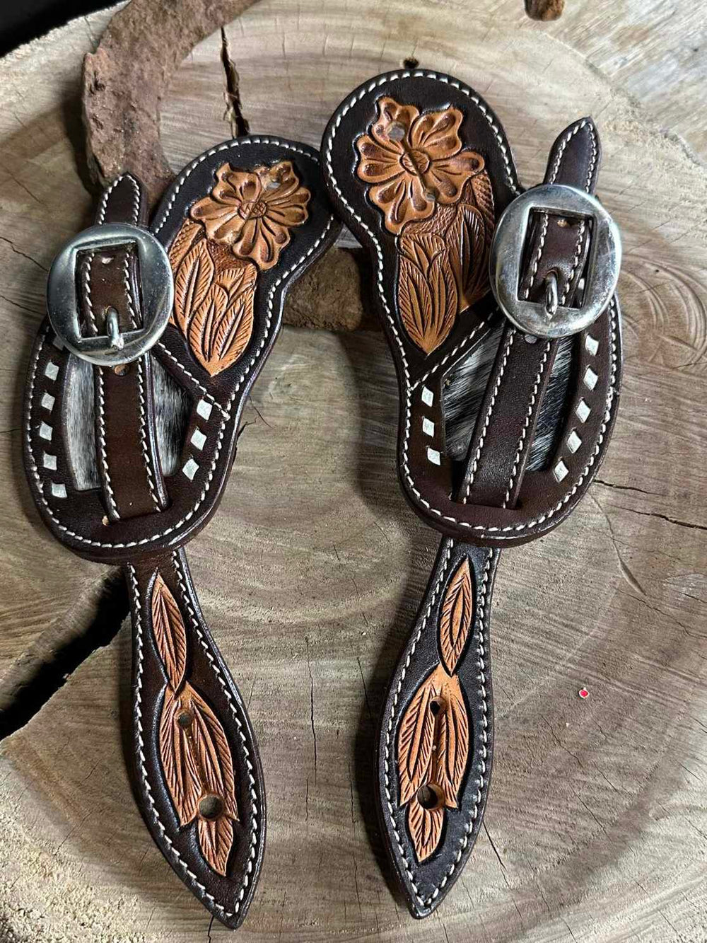 Strap - Ladies Floral Tooled Leather Spur Strap Buckaroo Style