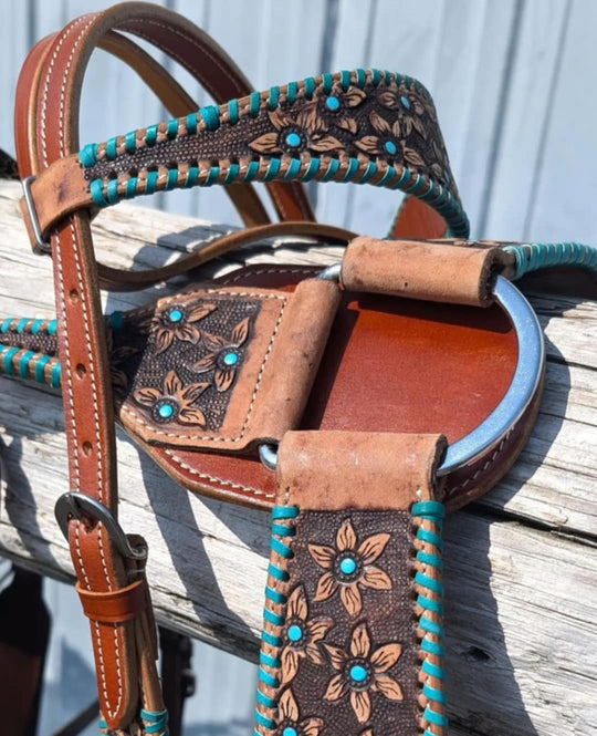 Western Tack set- Floral Embossed Headstall with Buckstitch trim W/ Reins, Breastcollar