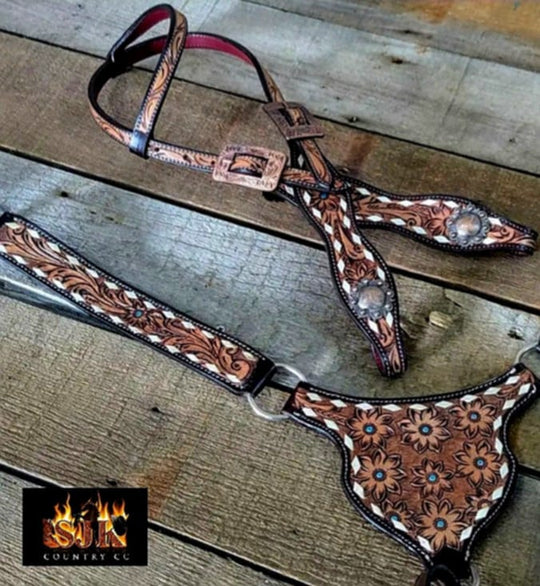 Western Tack Set - One ear Floral Buckstitch Leather Bridle & Breastcollar Set