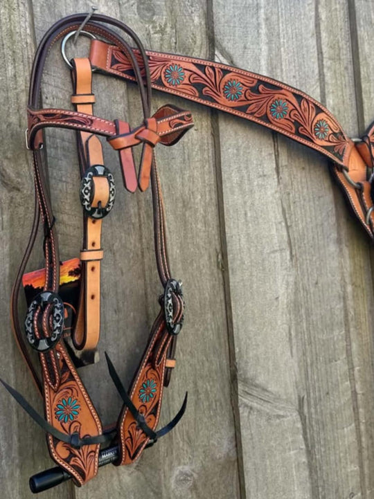 Tack Set Bridle & Breastplate Tooled Floral Contour