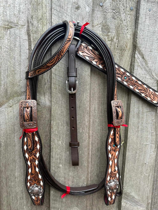 Western Tack Set - One ear Floral Buckstitch Leather Bridle & Breastcollar Set