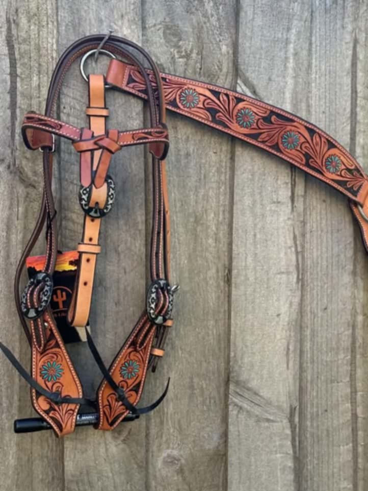 Tack Set Bridle & Breastplate Tooled Floral Contour