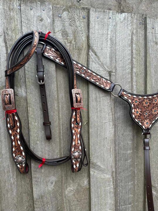 Western Tack Set - One ear Floral Buckstitch Leather Bridle & Breastcollar Set