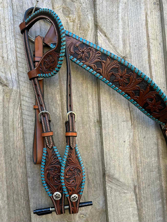 Western Tack Set - Floral Tooled Tack set with One Ear and Turquoise Trim