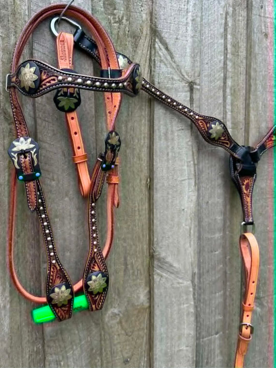 Western Tack Set - Browband Floral  Leather Bridle & Breastcollar