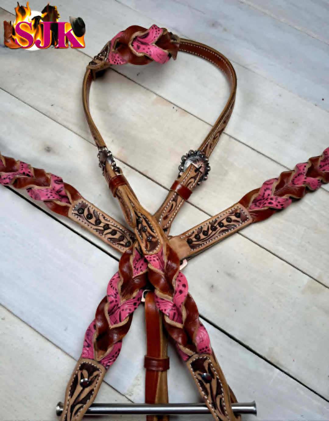 Western Tack Set - Browband Braided  Leather Bridle & Breastcollar Pink