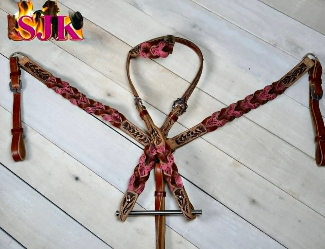 Western Tack Set - Browband Braided  Leather Bridle & Breastcollar Pink