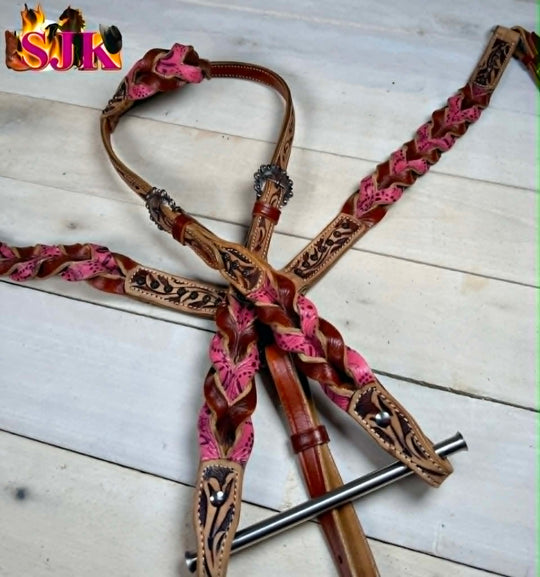 Western Tack Set - Browband Braided  Leather Bridle & Breastcollar Pink