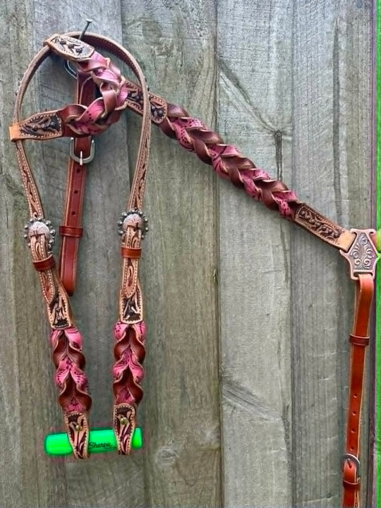 Western Tack Set - Browband Braided  Leather Bridle & Breastcollar Pink
