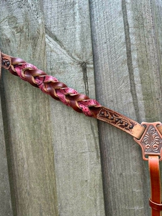 Western Tack Set - Browband Braided  Leather Bridle & Breastcollar Pink