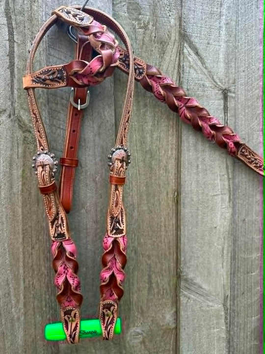 Western Tack Set - Browband Braided  Leather Bridle & Breastcollar Pink