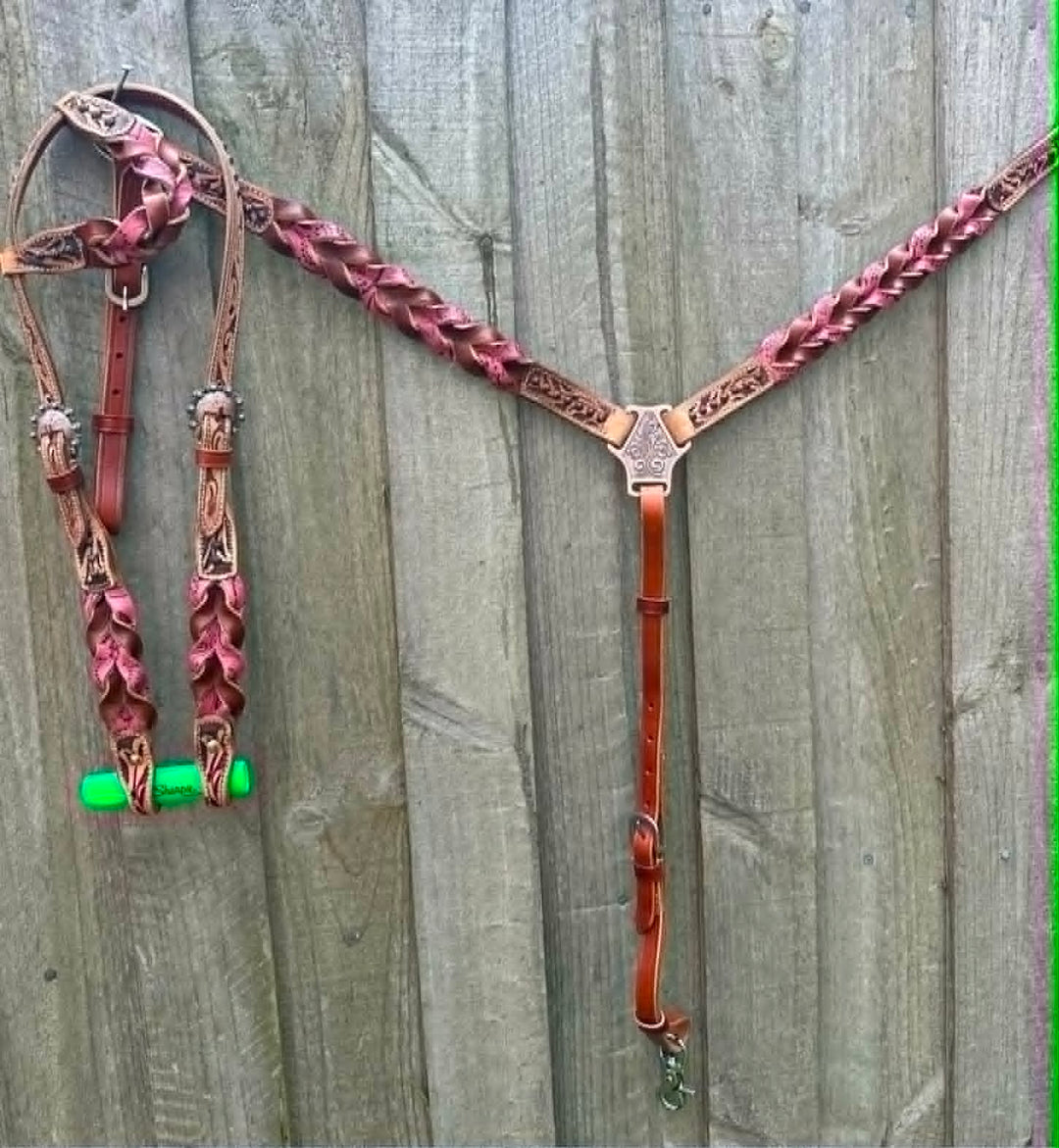 Western Tack Set - Browband Braided  Leather Bridle & Breastcollar Pink
