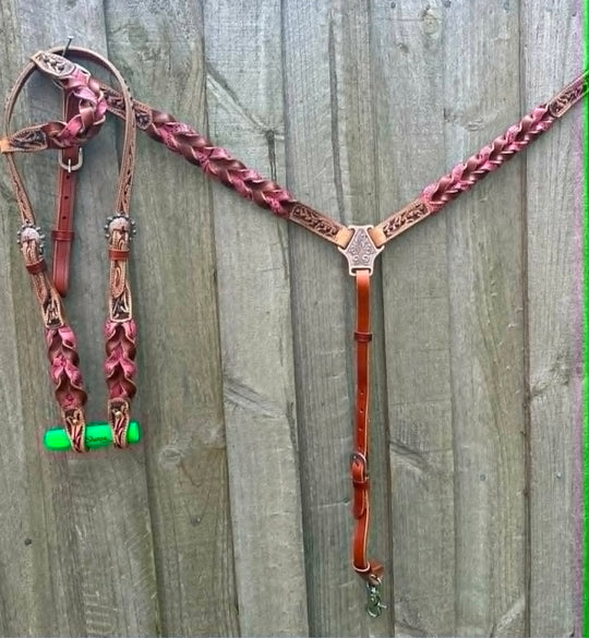 Western Tack Set - Browband Braided  Leather Bridle & Breastcollar Pink